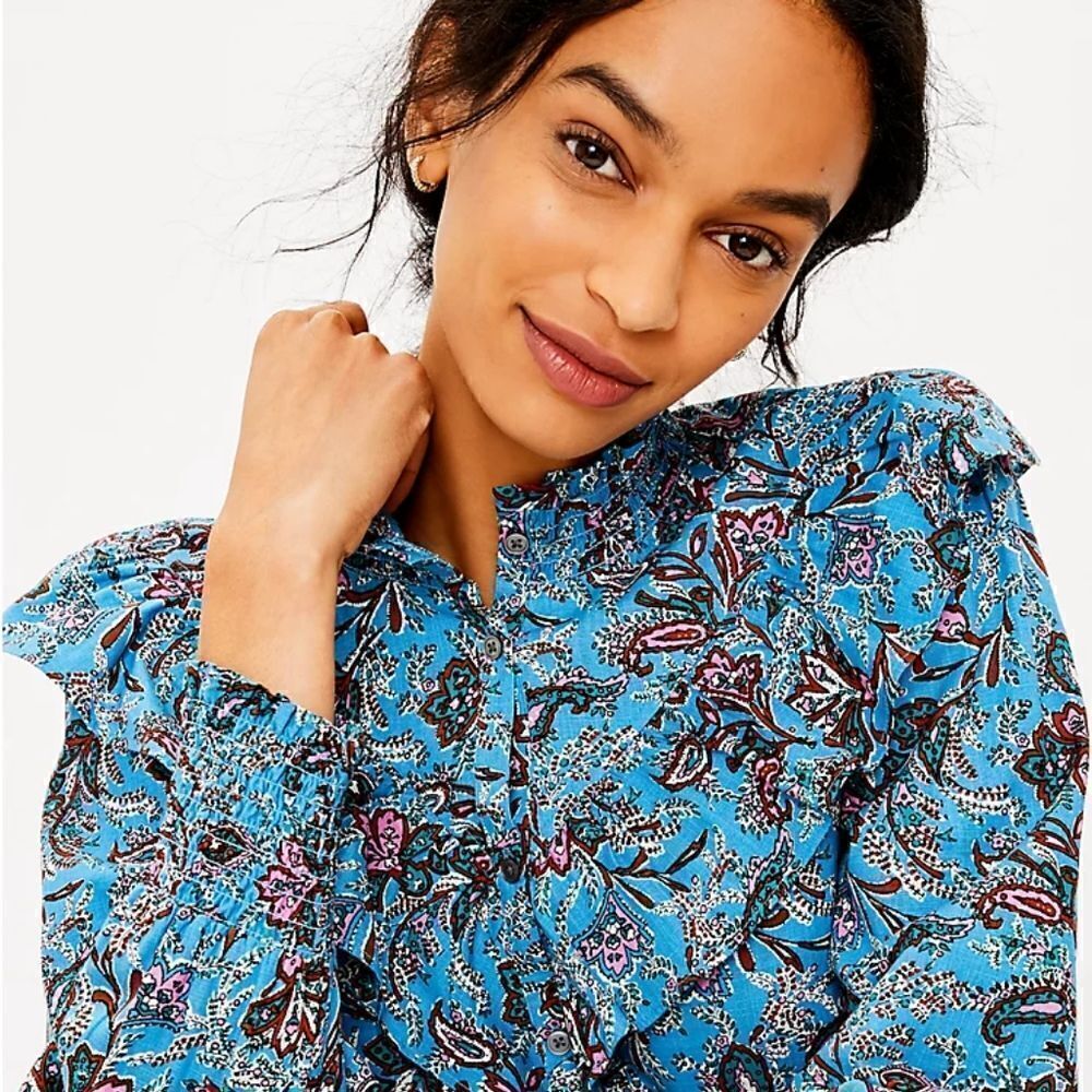 LOFT Bouquet Ruffle Shirt Blue Paisley Size XL - Picture 5 of 6